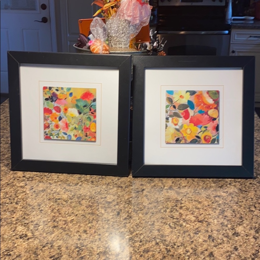 Pair of picture floral prints. Black frames.